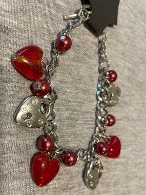 Silver Chain Charm Bracelet with Red Heart Charms